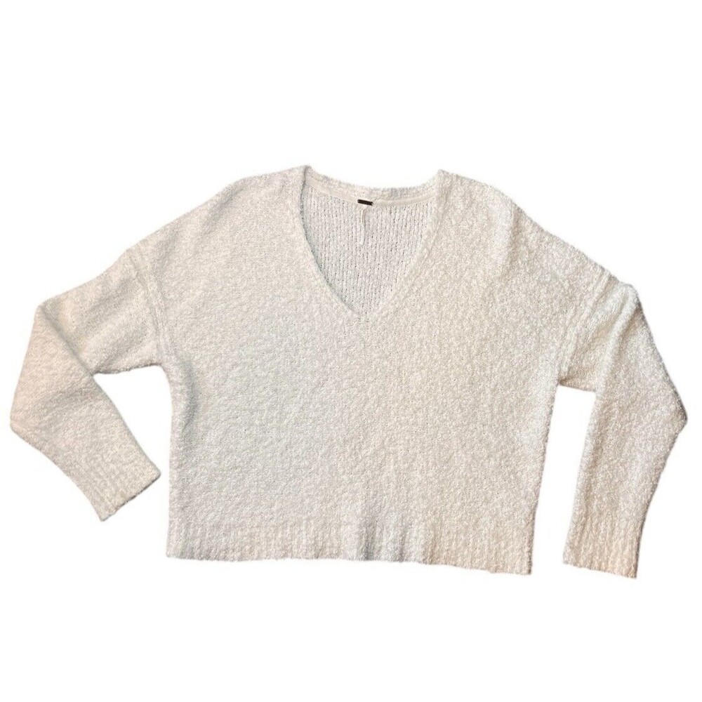 Free People Cream White V-Neck Cropped Sweater Womens Large Oversize Soft‎